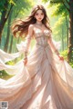 A woman in a long white dress walking through a forest.