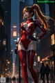 A woman in a red latex outfit standing in the middle of a city.