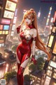 A woman in a red latex outfit standing in the middle of a city.