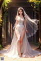 A woman in a wedding dress is walking through a forest.