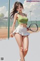 A woman in a green top and white skirt holding a tennis racket.