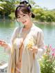 A woman in a white and yellow kimono posing by a lake.